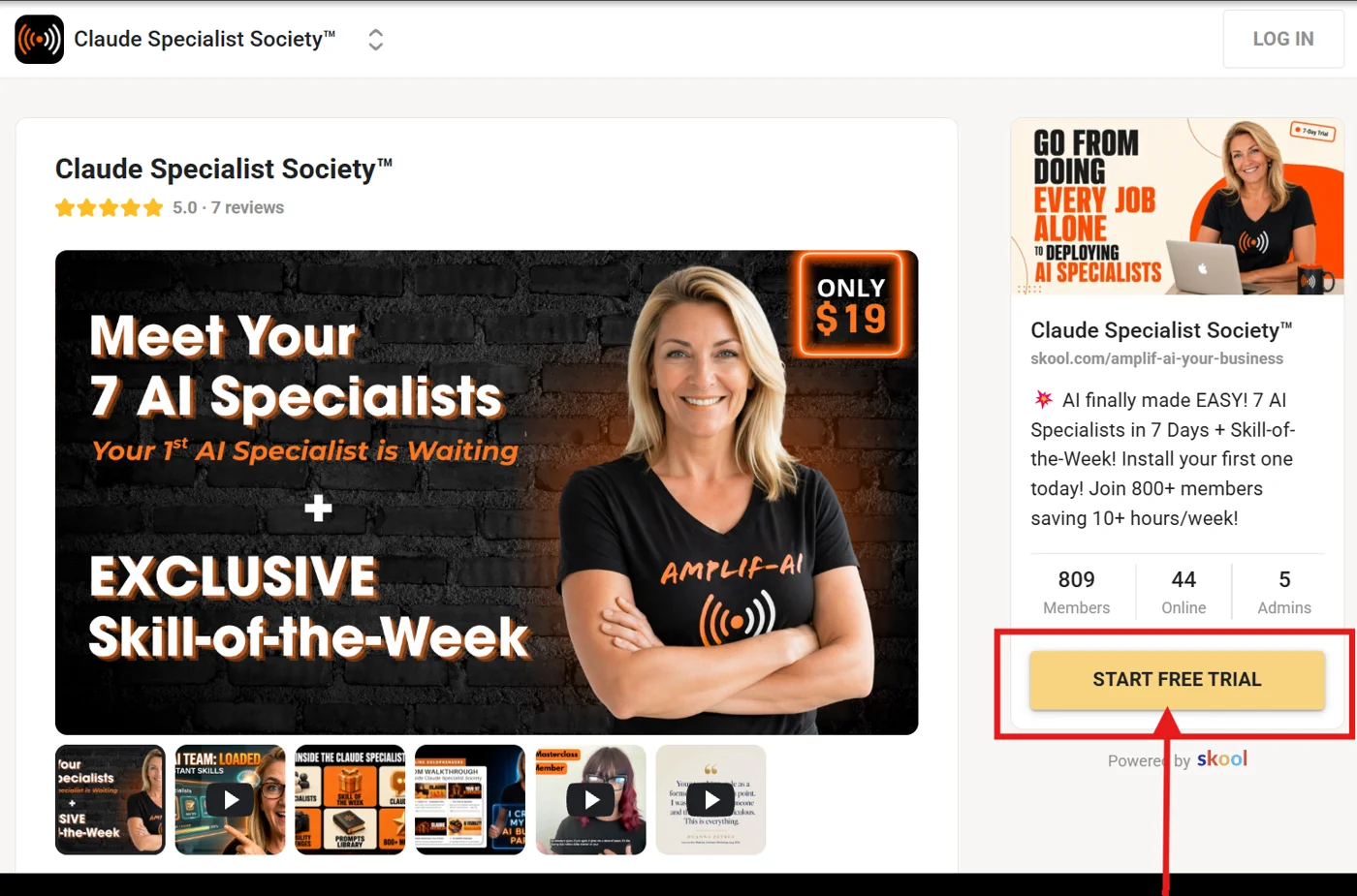 The Claude Specialist Society page on Skool, with a red box around START FREE TRIAL